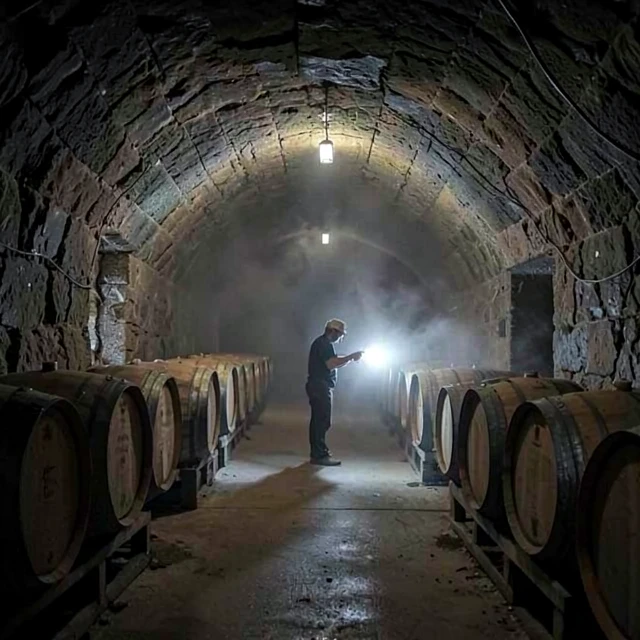 Interior of Beringer wine caves with aging barrels