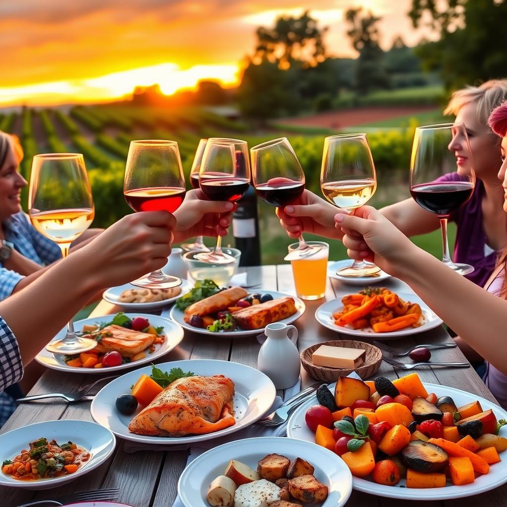 Friends toasting with wine glasses at an outdoor dinner with grilled salmon and a vineyard sunset.