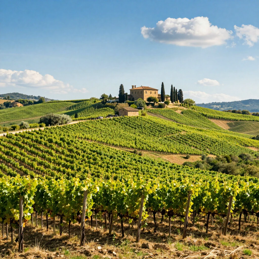 Scenic vineyards in Tuscany, Italy, with rolling hills and a rustic villa under a blue sky
