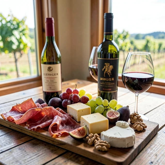 Charcuterie board paired with Beringer Merlot on a rustic table
