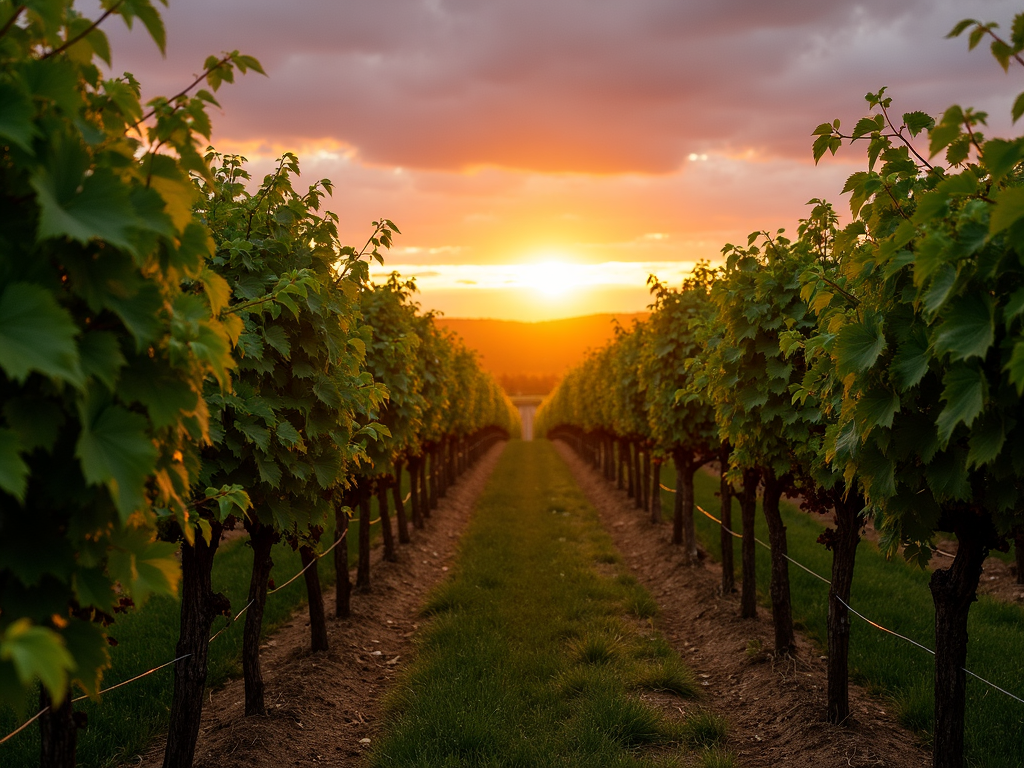 Kendall-Jackson vineyard at sunset with ripe grapes