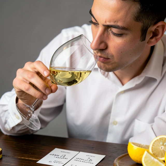 Sommelier demonstrating the art of wine tasting with white wine
