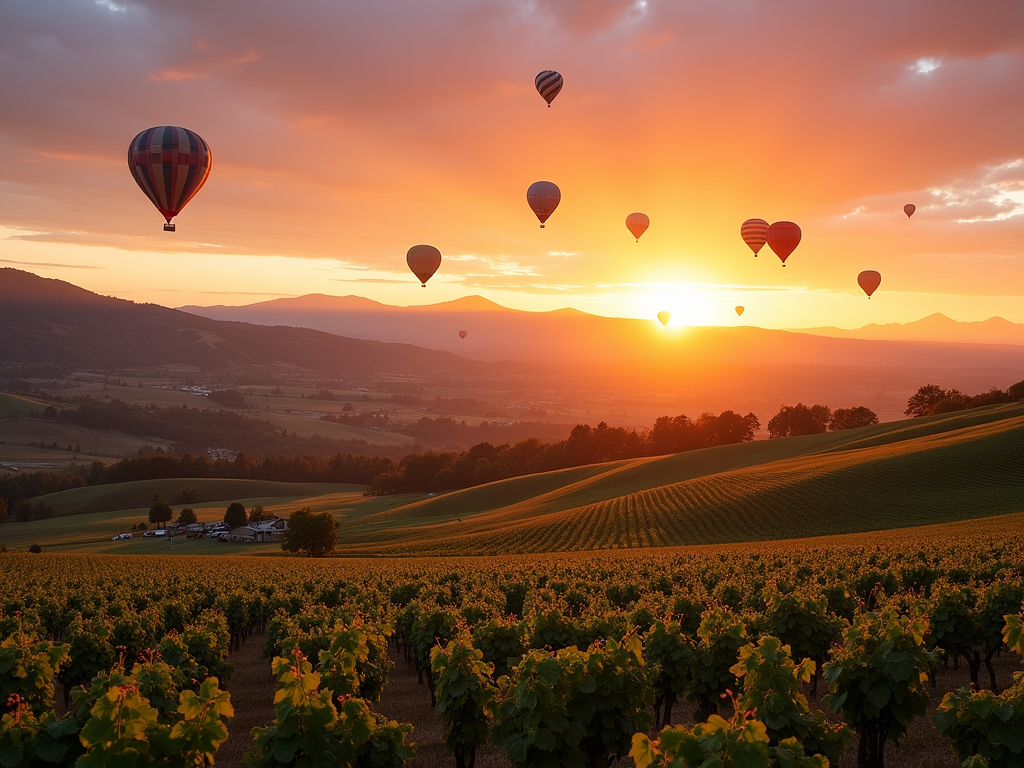 Napa Valley vineyards at sunset with hot air balloons