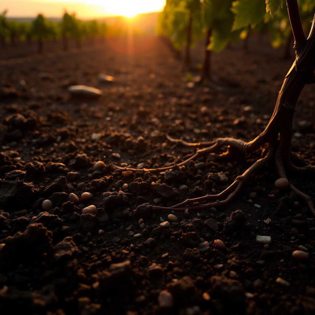 Close-up of vineyard soil with grapevine roots