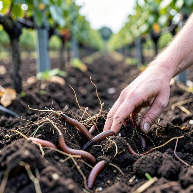 Rich organic soil teeming with earthworms and healthy roots in a vineyard