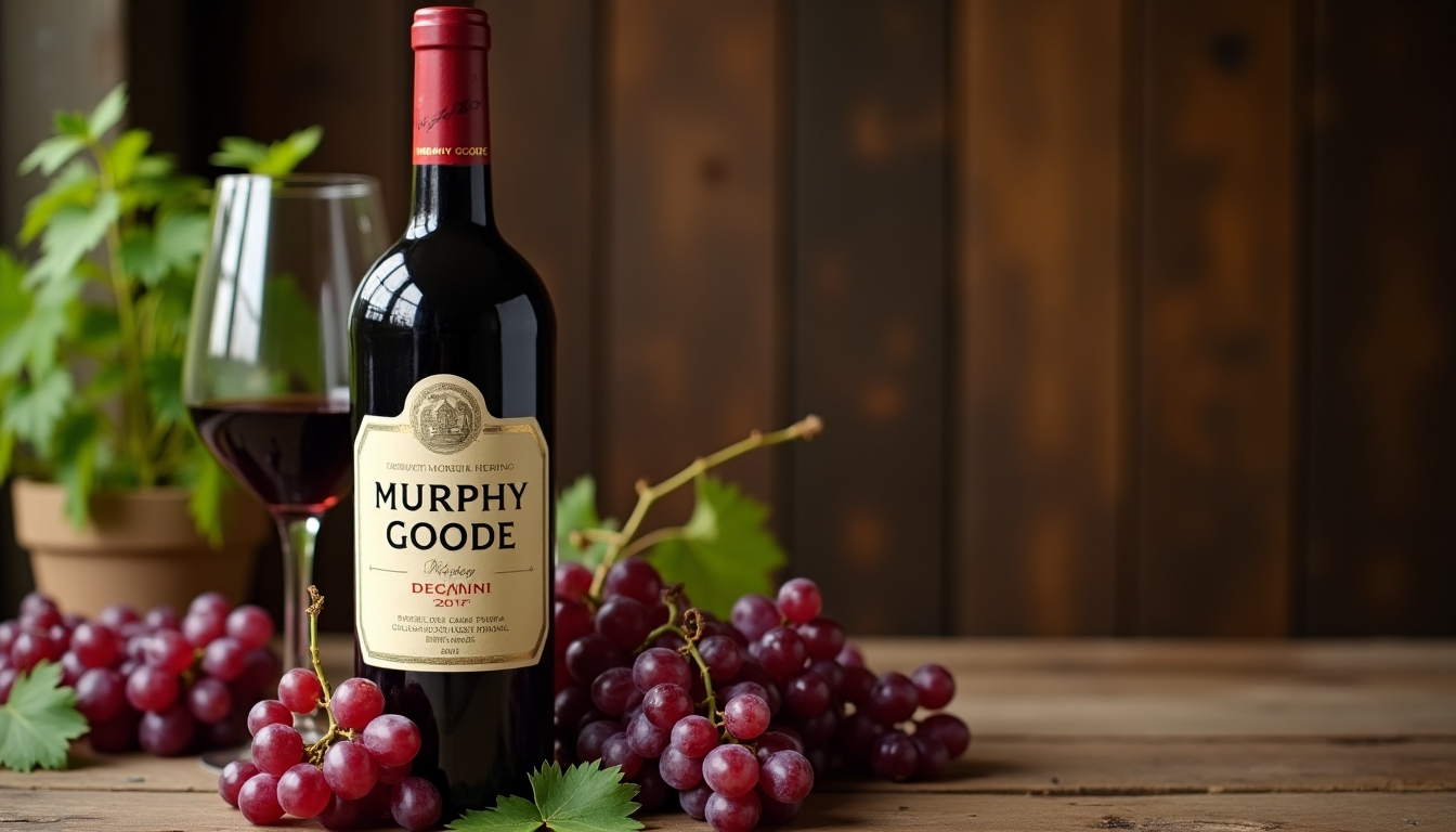 A bottle of Murphy Goode wine sitting on a rustic wooden table with grapes scattered around.
