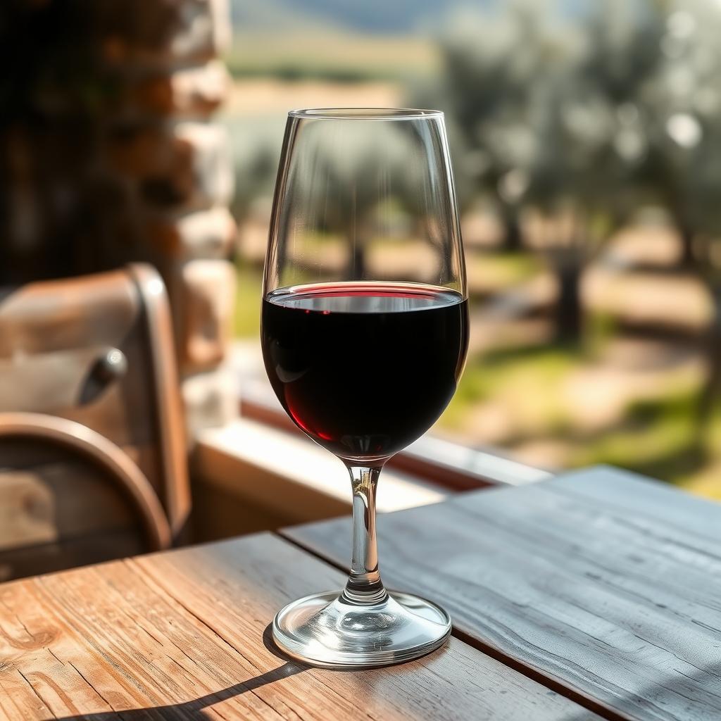 A glass of red wine on a wooden table with a Mediterranean vineyard in the blurred background.