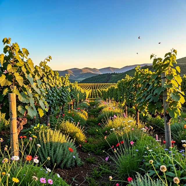 Organic vineyard showcasing biodiversity with cover crops and wildflowers
