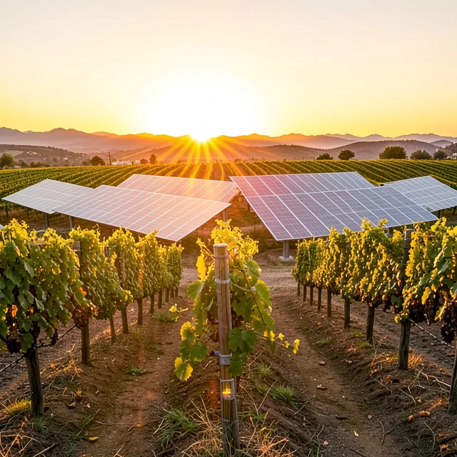 Solar panels integrated into a sustainable California vineyard landscape at sunset