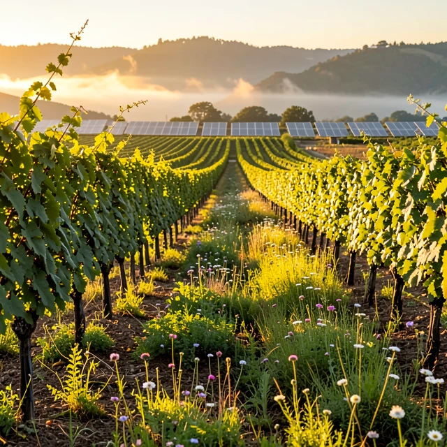 Sustainable vineyard with regenerative farming practices showing biodiversity and solar energy