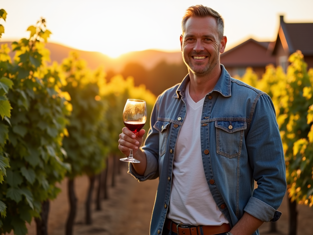 A Jackson Family Wines expert in a vineyard with a glass of red wine at sunset.