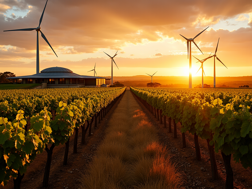 New World vineyard with wind turbines.