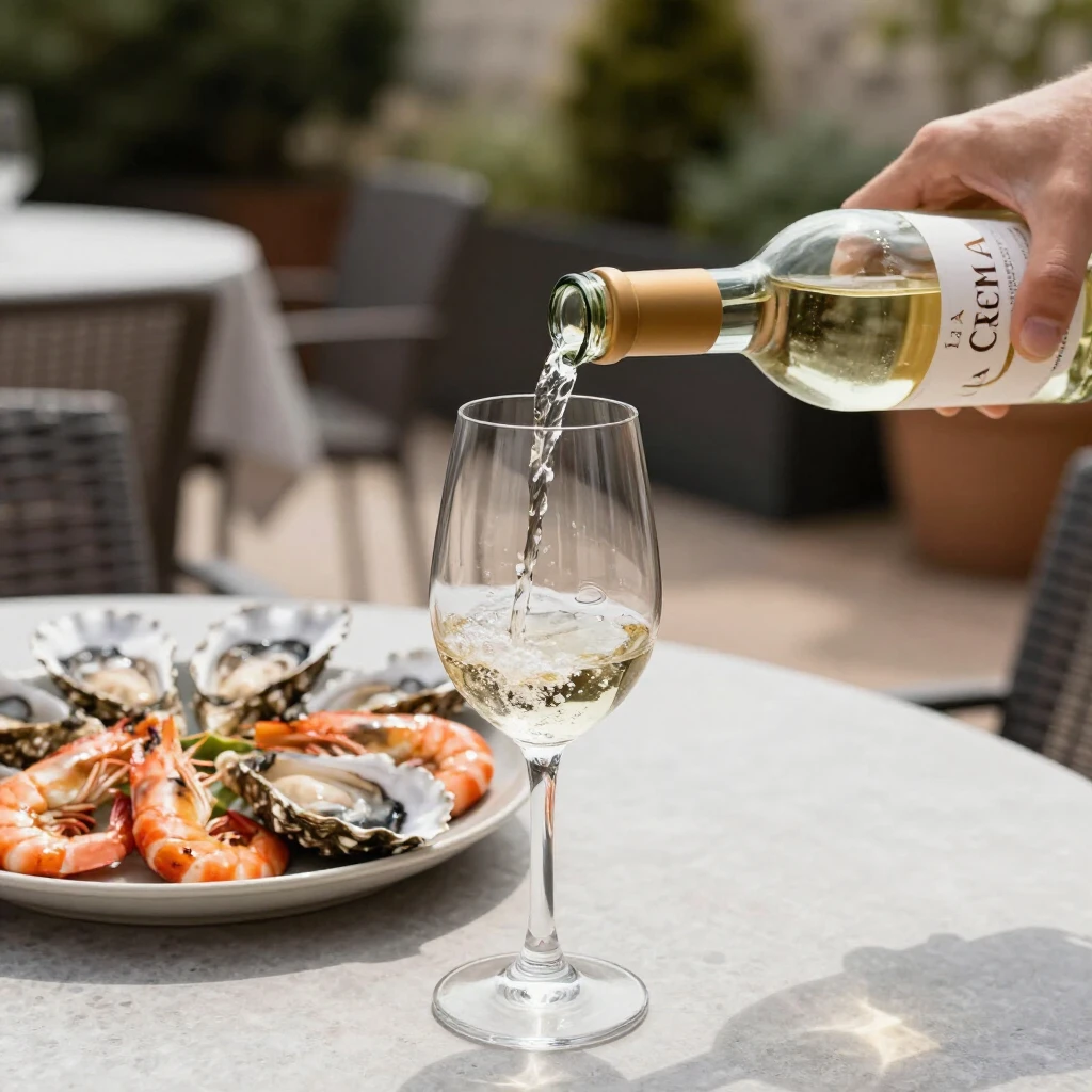 Pouring La Crema white wine with seafood pairing