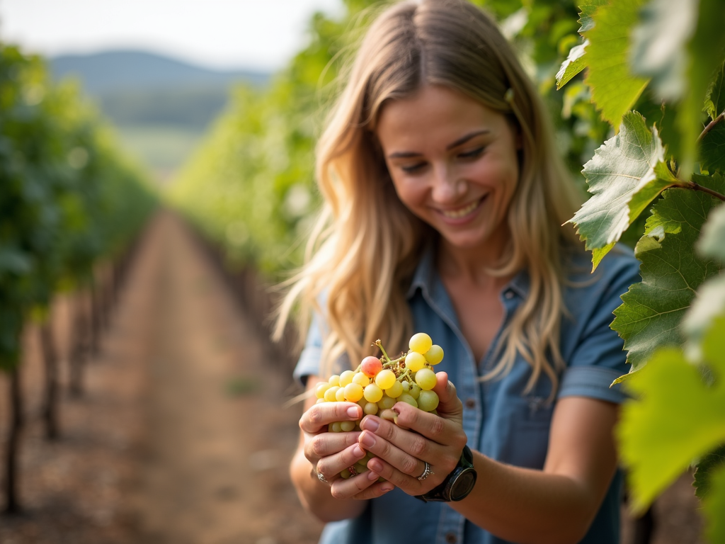 Winemaker Sarah Thompson examining grapes