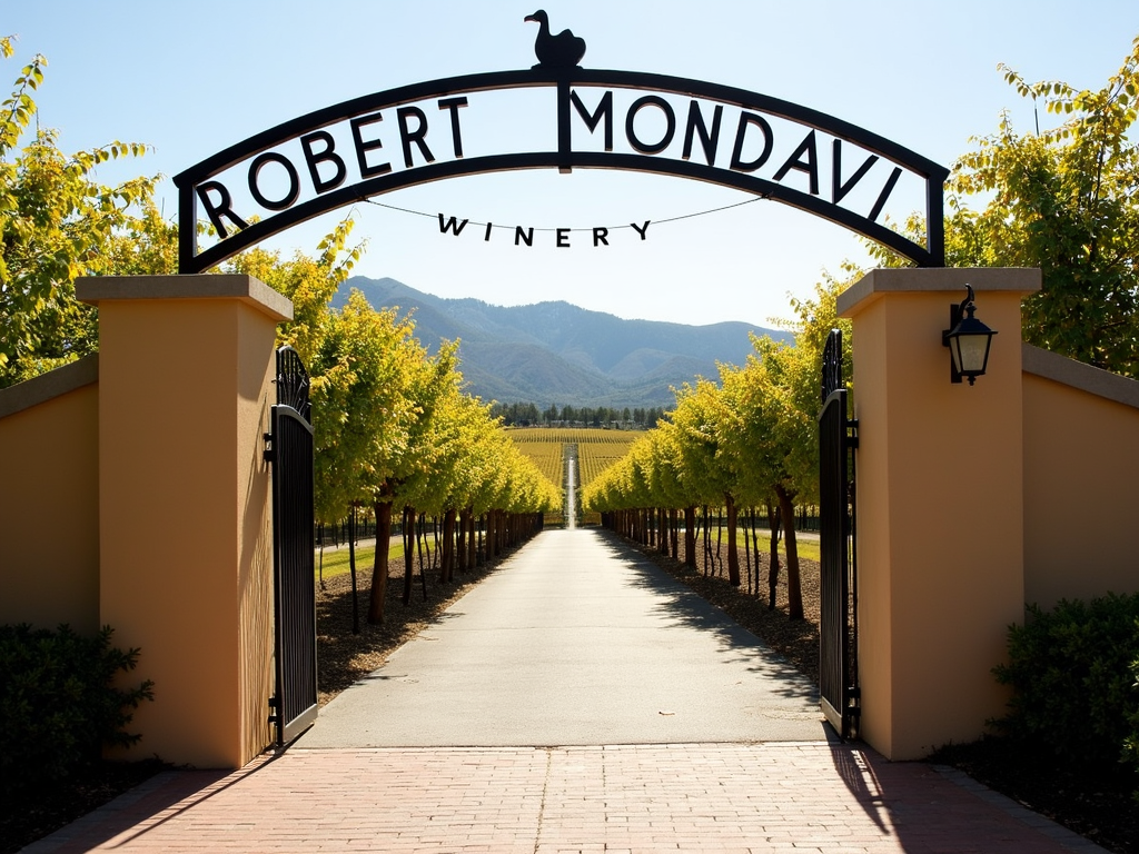 Archway entrance to Robert Mondavi Winery with vineyards.
