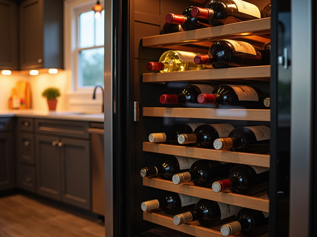 A wine fridge with red and white wines at 55°F.