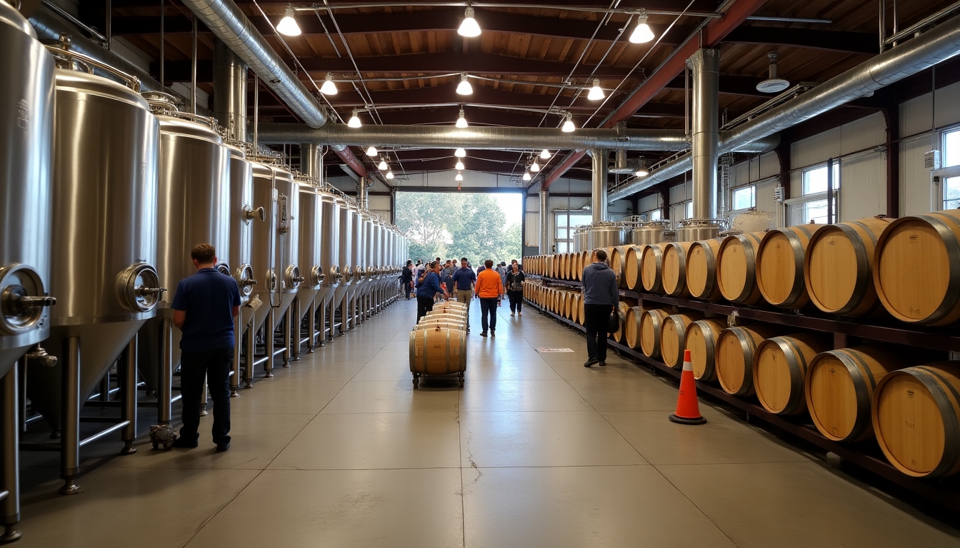 Modern Napa Valley winery with stainless steel tanks and oak barrels