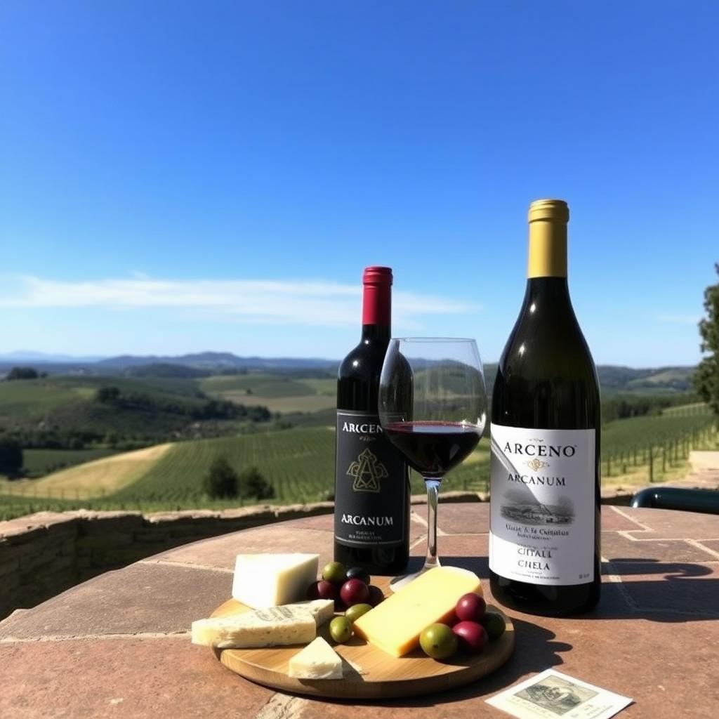 Tenuta di Arceno vineyard in Tuscany with a bottle of Arcanum wine and Italian cheeses