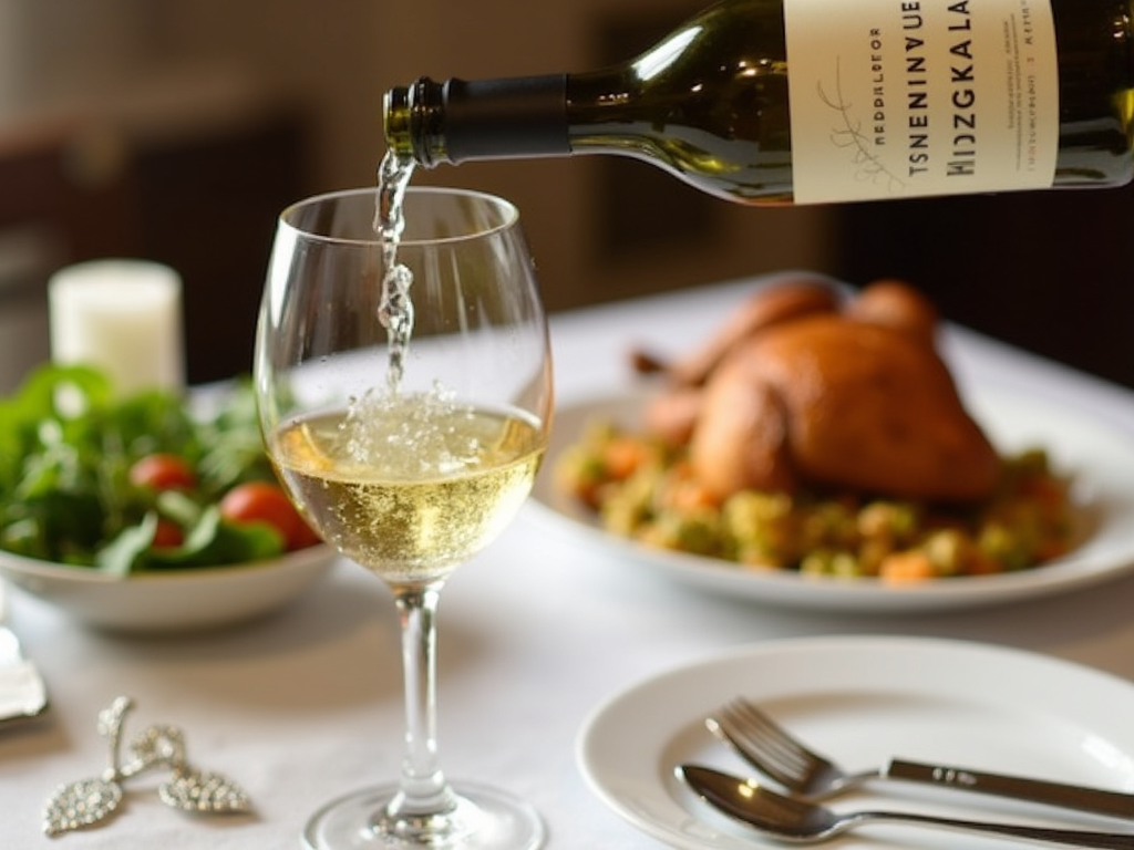 Pouring Kendall-Jackson Chardonnay with roasted chicken