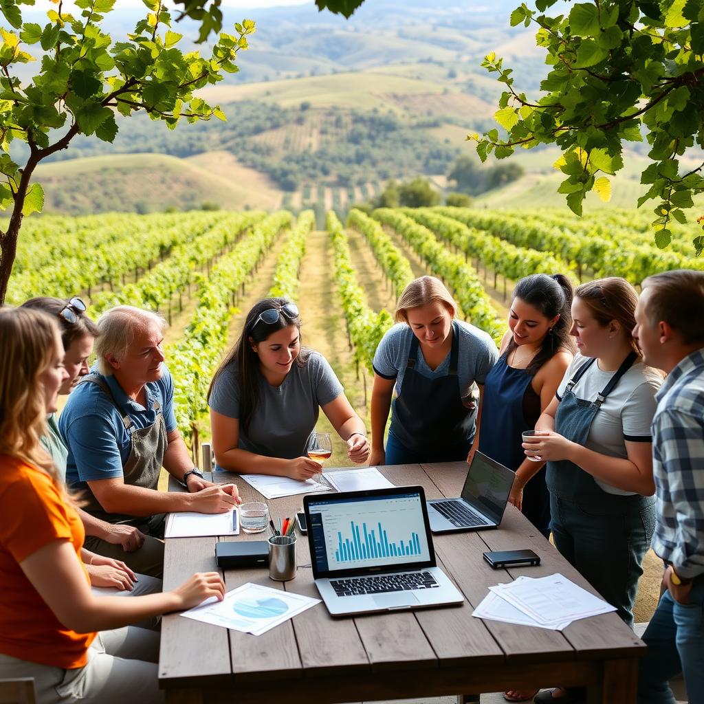 Winery employees discussing sustainability goals on a vineyard patio