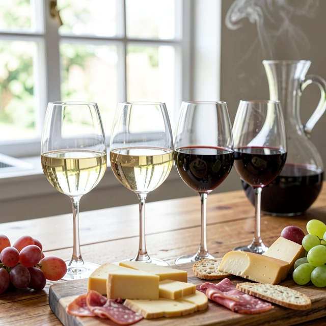 Wine tasting setup with multiple glasses on a wooden table