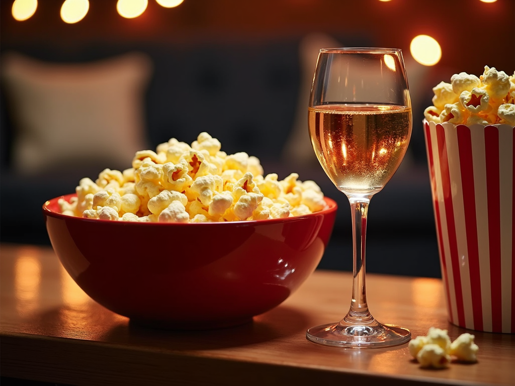 Sparkling wine and popcorn on cozy table