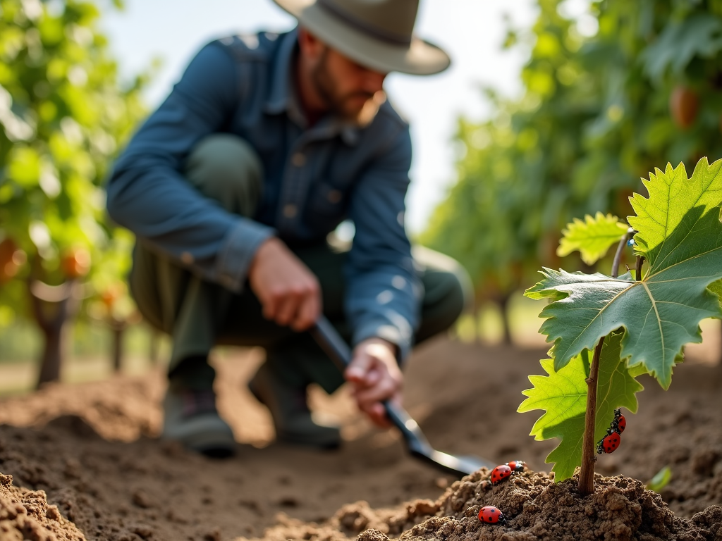 Worker and ladybugs in an organic vineyard