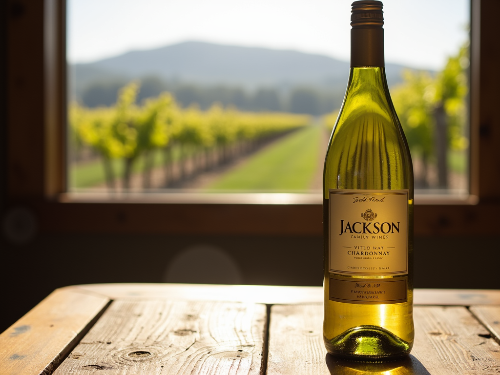 Jackson Family Wines Chardonnay bottle on a rustic table with vineyard view