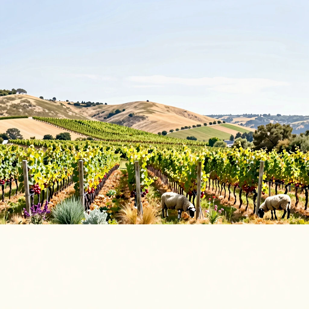 Biodynamic organic vineyard with sheep grazing and diverse plants