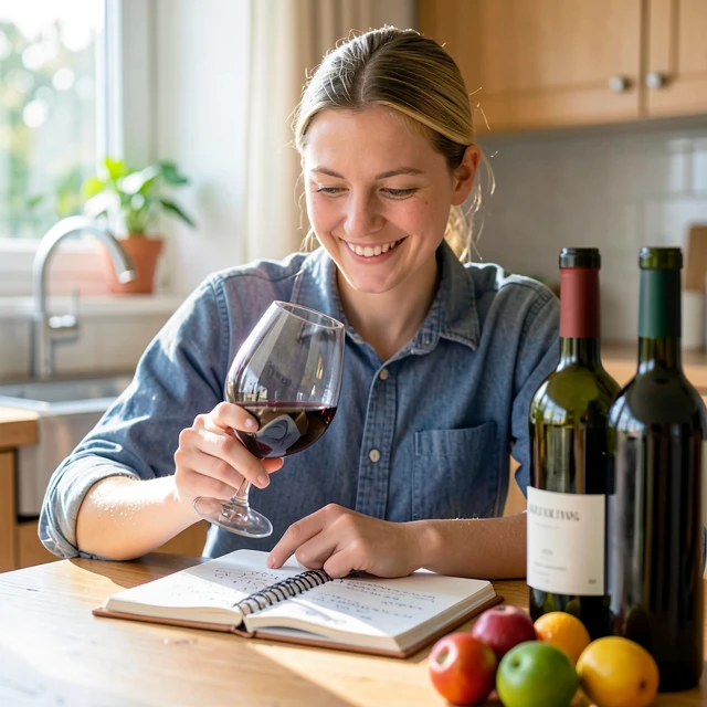 Beginner wine enthusiast practicing the swirl and sniff steps at home