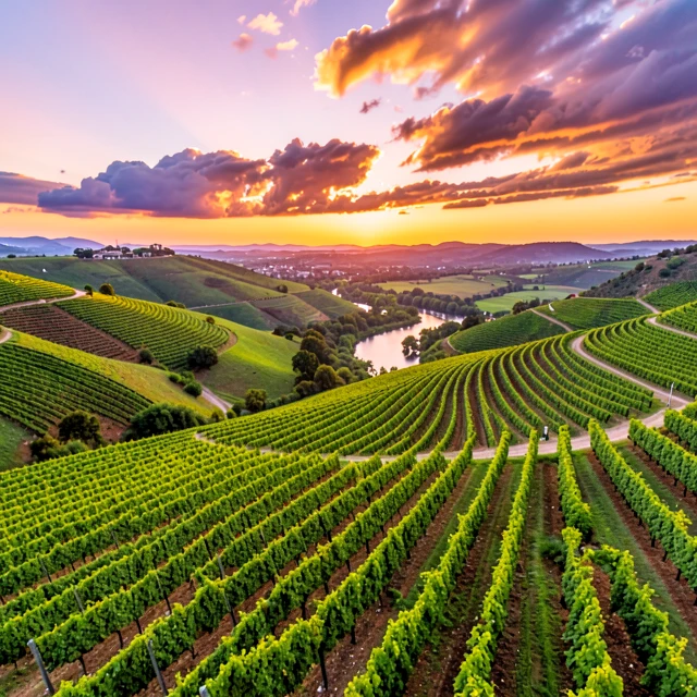 Aerial sunset view of Napa Valley vineyards