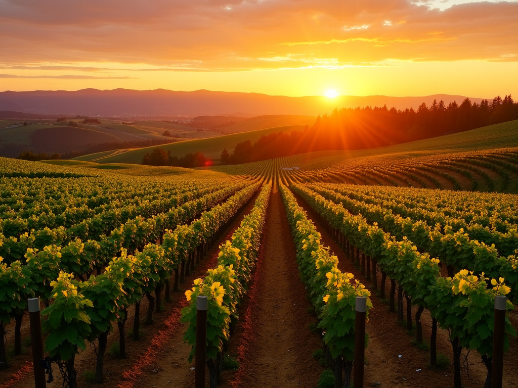 The beautiful sunset over Beringer Vineyards in Napa Valley, showcasing the lush vineyards and golden light.