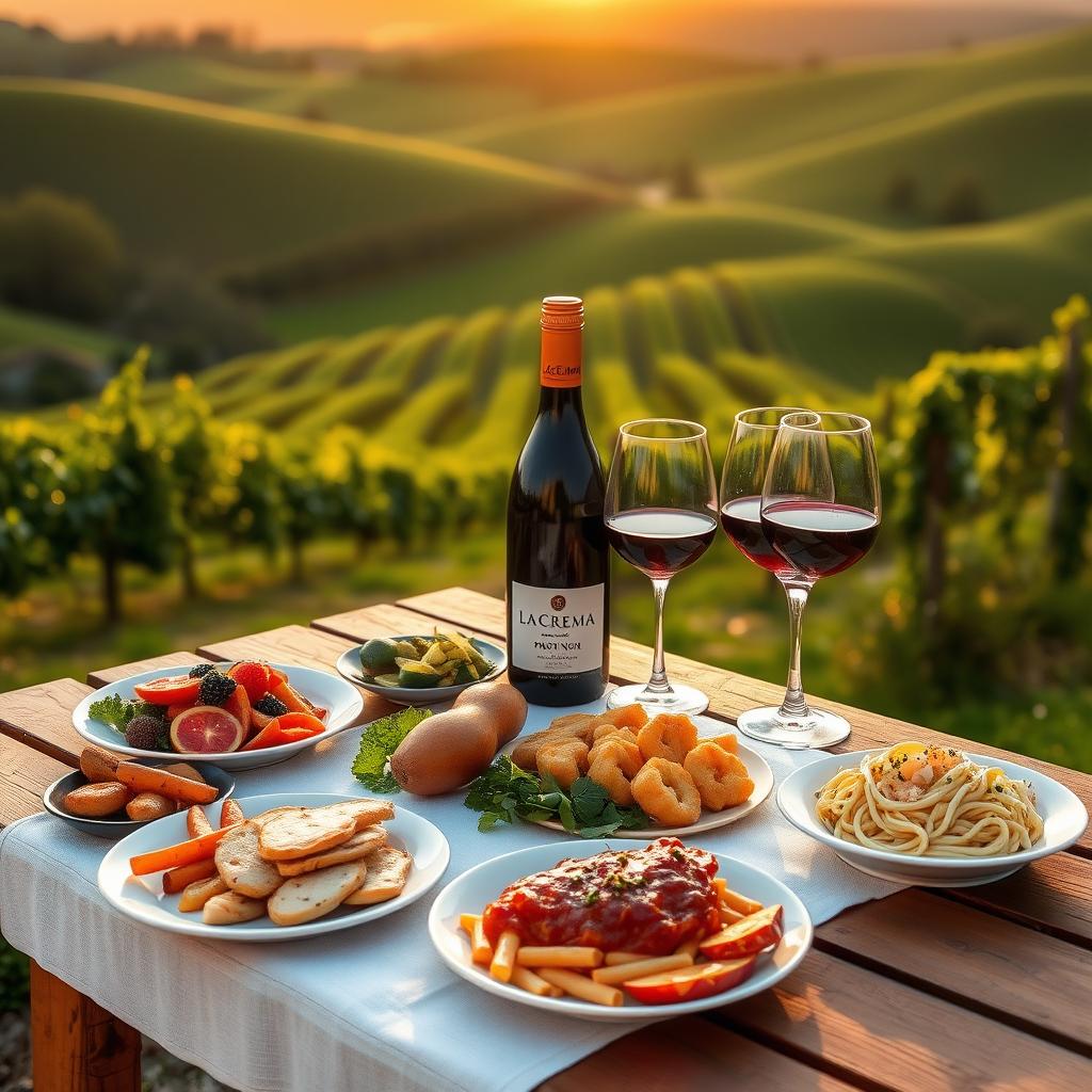 A beautifully set outdoor table in a Sonoma vineyard with colorful dishes and a bottle of La Crema Pinot Noir under a golden sunset.