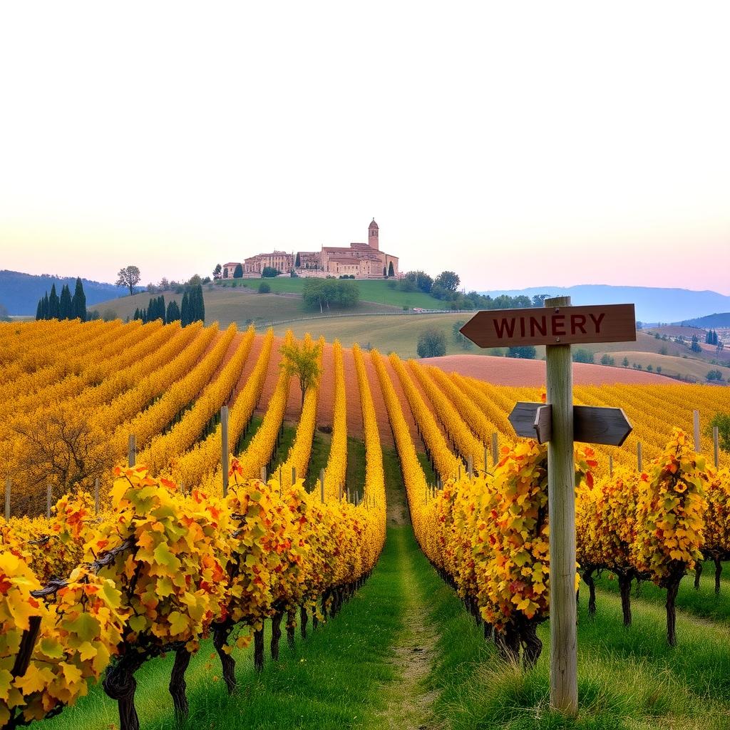 Tuscan vineyard in early autumn with golden-red grapevines and a medieval village in the background.