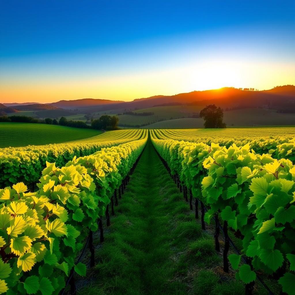 Sunrise over a lush Napa Valley vineyard with rows of organic grapevines.