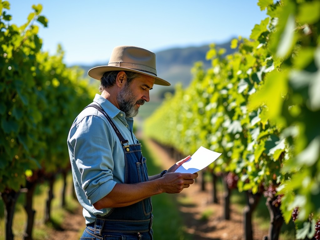 A winemaker in a vineyard demonstrating sustainable farming practices, surrounded by lush vines and clear skies.