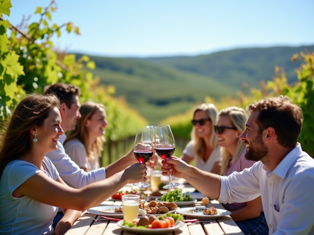 Friends toasting wine at vineyard picnic