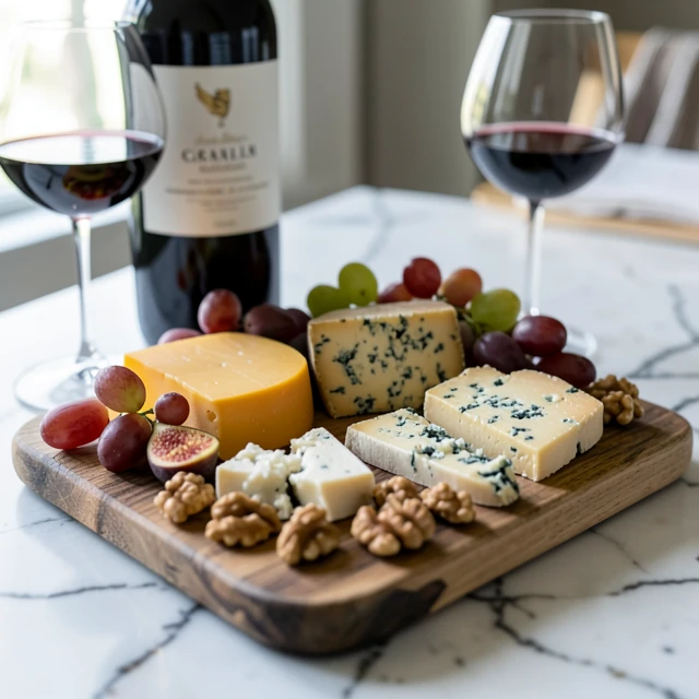 Cheese board with aged varieties perfect for Cabernet Sauvignon