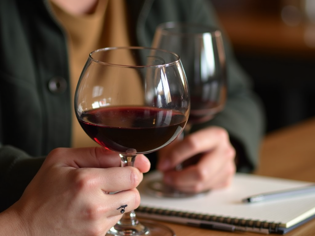 Person swirling wine with a notepad for tasting notes