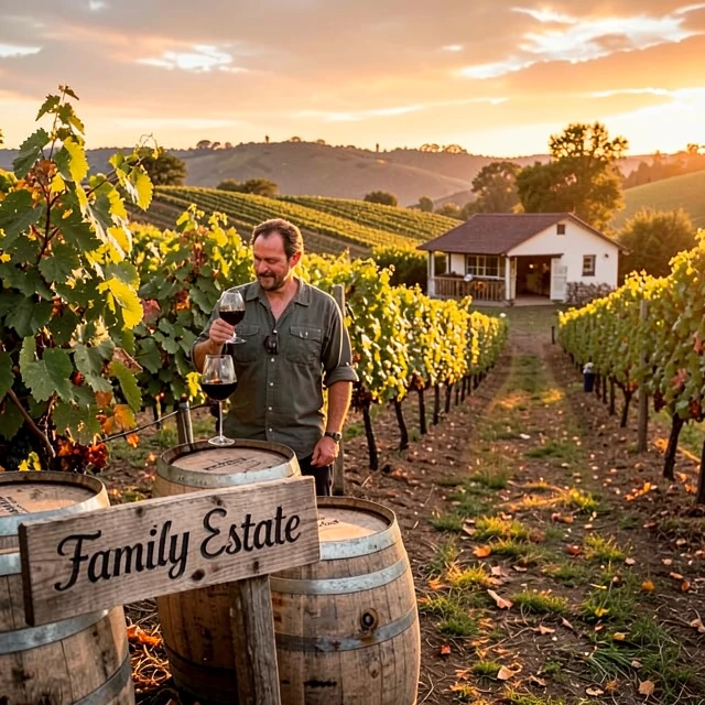 Boutique small wine brand vineyard at sunset