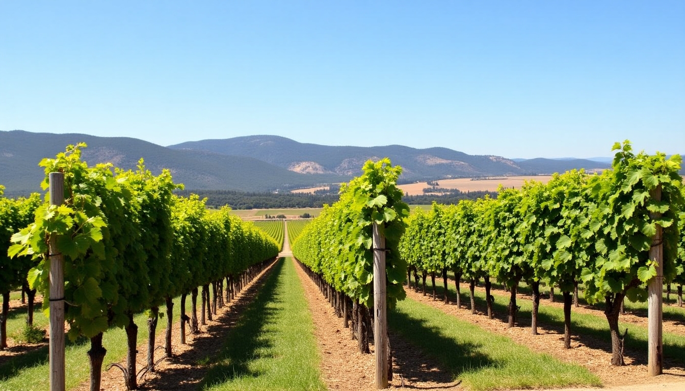 Freemark Abbey vineyards with lush grapevines and hills in the distance.