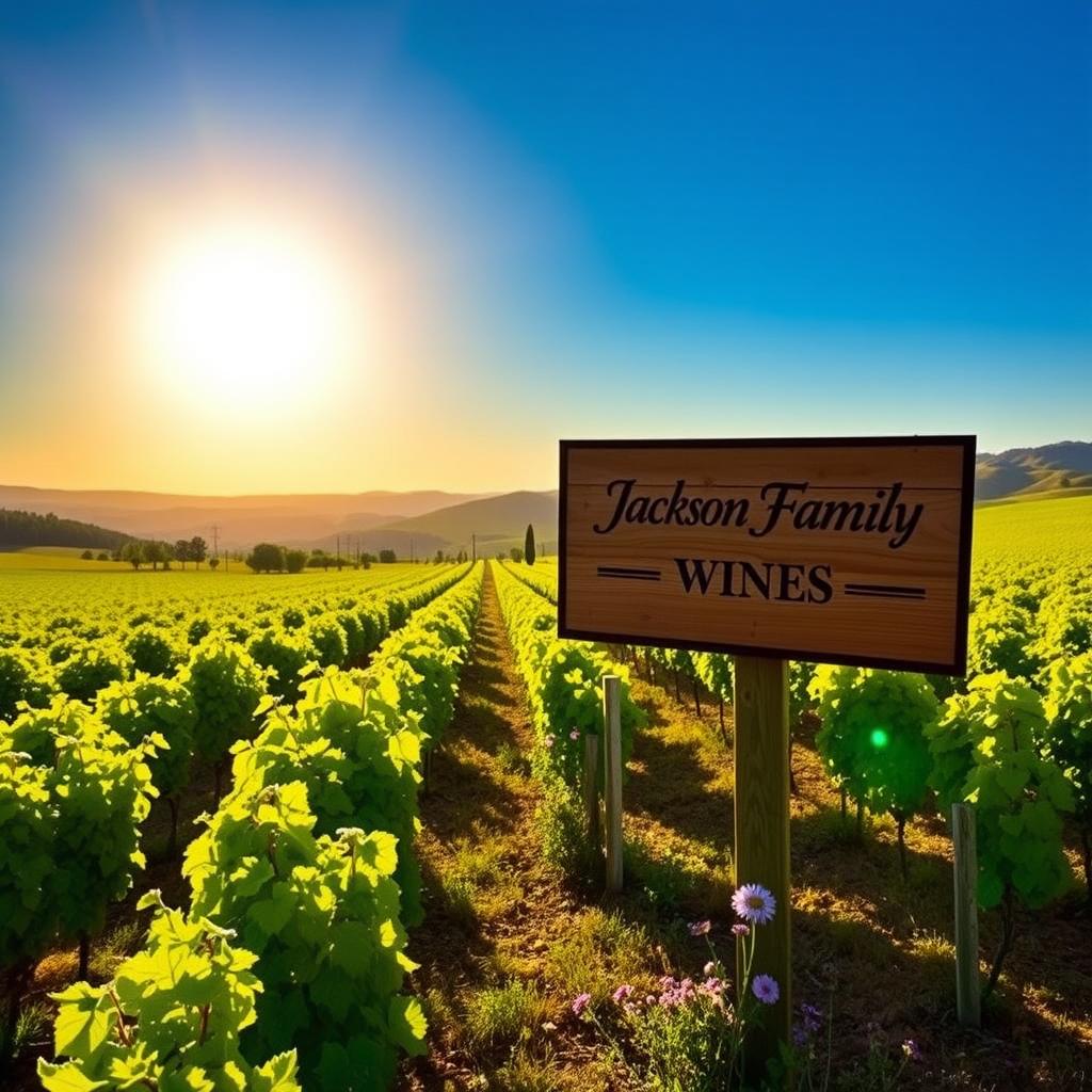 Sunlit Napa Valley vineyard with Jackson Family Wines sign and wildflowers