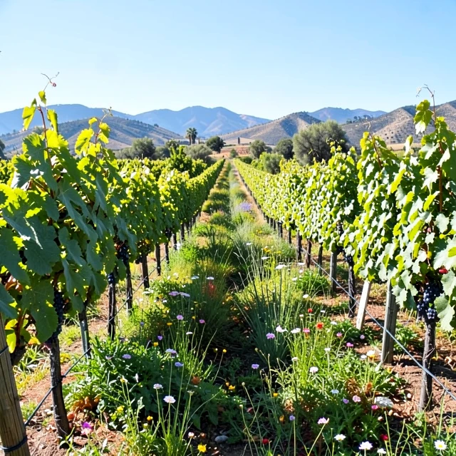 Lush organic vineyard in California showing vibrant grapevines and natural cover crops