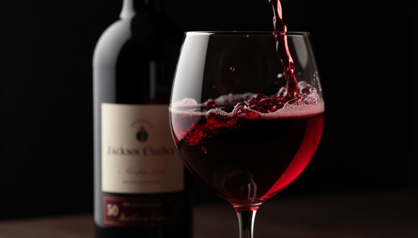 A glass of red wine swirling in atmospheric dim lighting with an elegant wine bottle beside it.