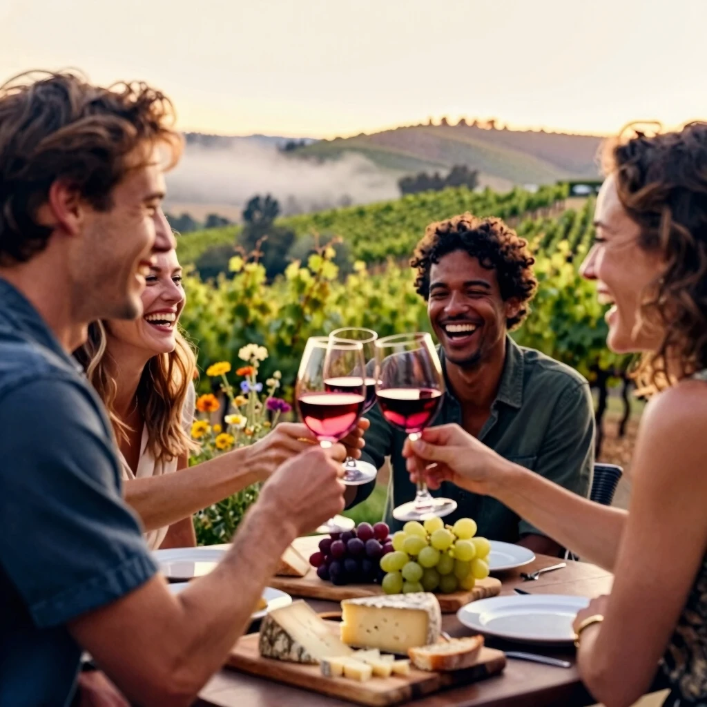 Friends toasting at Sonoma vineyard terrace