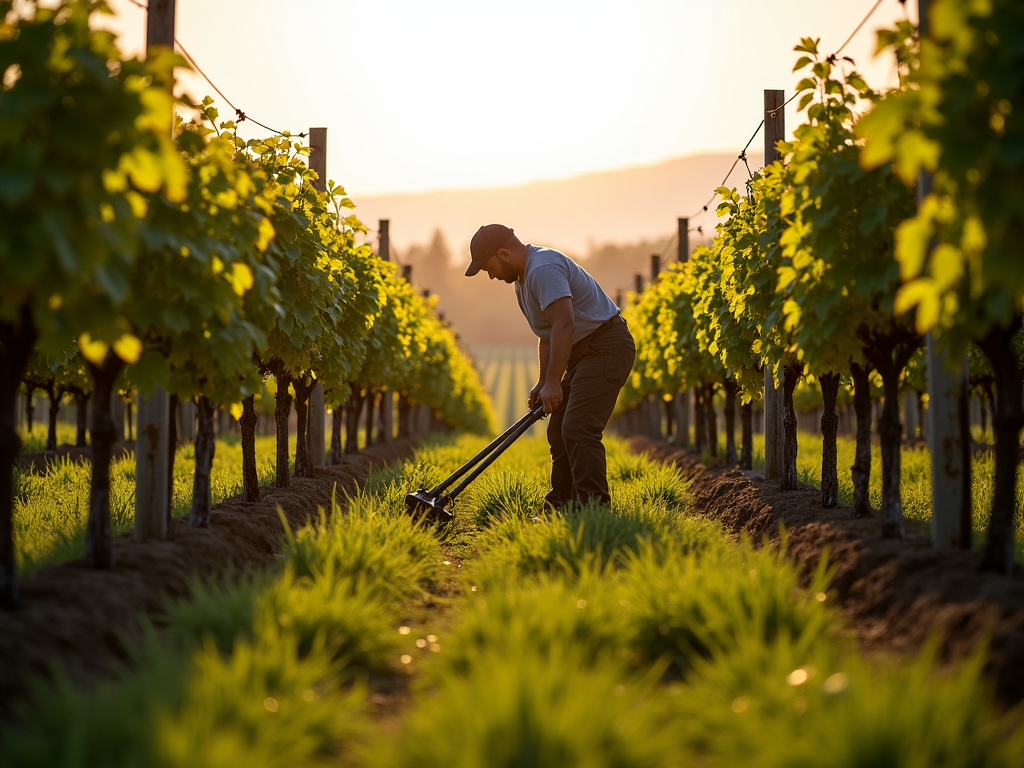 Worker in vineyard with cover crops under sunlight