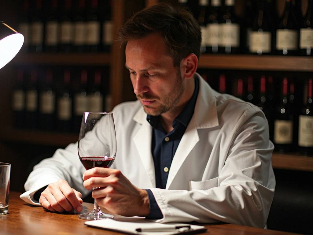 Winemaker analyzing wine in a laboratory setting