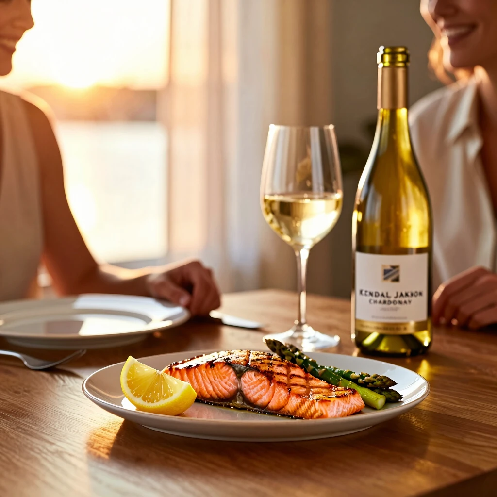 Sunset dinner table with salmon and white wine pairing