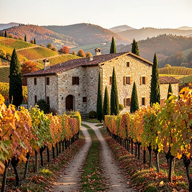 Traditional winery in Tuscany with colorful autumn vineyards
