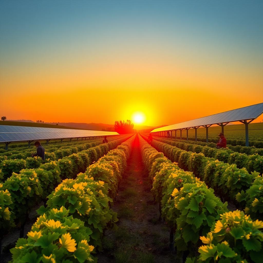 A sustainable vineyard at sunset with solar panels and workers tending vines.